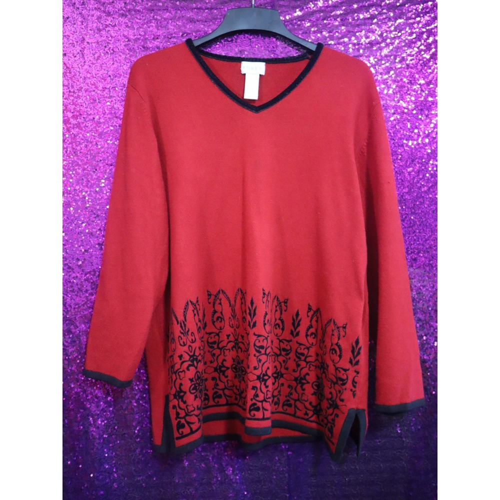 Red V-Neck Sweater Large Koret Womens Flocked Velvet Hem Lightweight Pullover